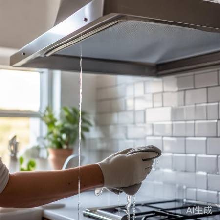 喷洒后，湿布顺纹擦拭油烟机