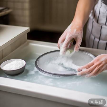 “清洗滤网：轻揉清水冲，油污泡