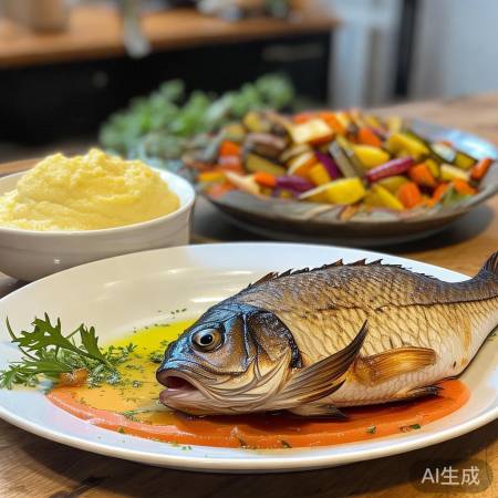 烤鱼配土豆泥与烤菜，美味健康搭