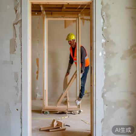 安装门框，检查水平，固定墙体