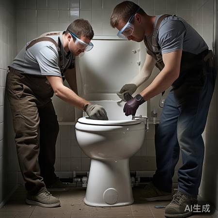 “两人合力拆旧马桶，螺丝配件收