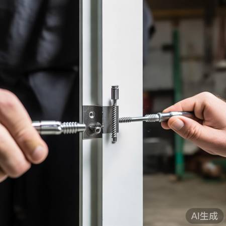 “用螺丝刀紧固门框连接片”