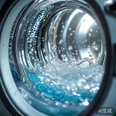 洗衣机波轮旋转，衣物洗涤中。